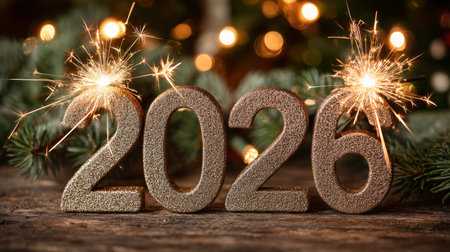 Golden numbers 2026 are adorned with sparklers, surrounded by festive greenery. Warm lights create a cheerful atmosphere, perfect for welcoming the New Year.の素材