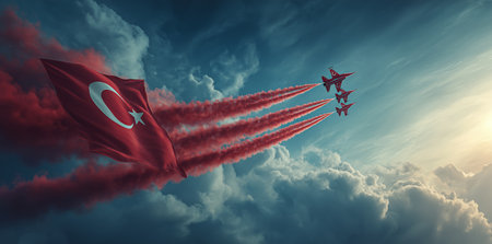 Fighter jets soar through the sky, leaving colorful trails while showcasing the Turkish flag. The scene captures an impressive aerial performance during daylight hours.の素材