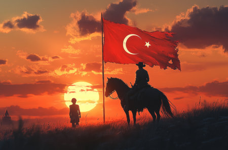A horseman stands proudly with a Turkish flag as the sun sets behind him. A small figure walks nearby, creating a serene rural scene filled with warm colors and silhouettes.の素材