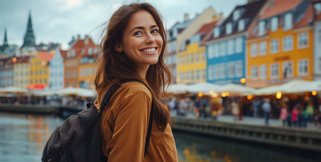 A young woman stands by the water, smiling joyfully. Colorful buildings line the harbor, reflecting a lively atmosphere during a cloudy day.の素材