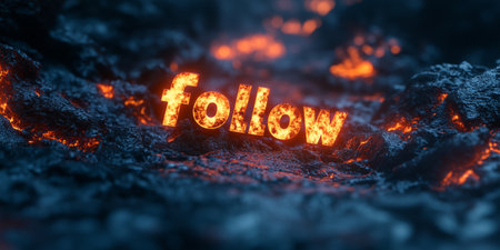 Glowing text spells follow on dark volcanic rocks surrounded by flowing lava. The intense heat gives off a vivid orange light against the dark background, creating an exciting scene.の素材