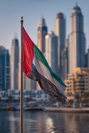 Waves of the UAE flag can be seen in the foreground while the impressive Dubai skyline sparkles in the warm glow of sunset. The scene captures a vibrant moment by the water.の素材
