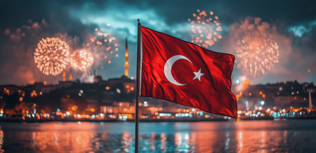 Colorful fireworks light up the night sky over the Bosphorus, while the Turkish flag stands tall in the foreground, symbolizing national pride and celebration.の素材