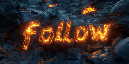Bright orange text reading follow appears in molten lava on rugged black terrain, creating a striking visual effect against the dark volcanic landscape at night.の素材