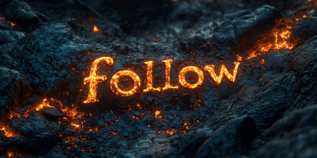 Bright orange text reading follow is set against dark volcanic rock, illuminated by flowing lava in a dramatic and intense scene during the night.の素材