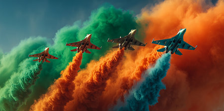 Two military jets soar through a clear sky, leaving trails of orange and green smoke as they perform an aerial display above an iconic arch. The scene captures excitement and patriotism.の素材