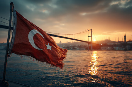 Sunset casts a warm glow over Istanbul as the Turkish flag waves proudly near a bridge. The skyline reflects in the water, creating a serene and picturesque scene.の素材