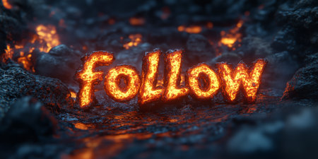 Glowing text spells follow on dark volcanic rocks surrounded by flowing lava. The intense heat gives off a vivid orange light against the dark background, creating an exciting scene.の素材