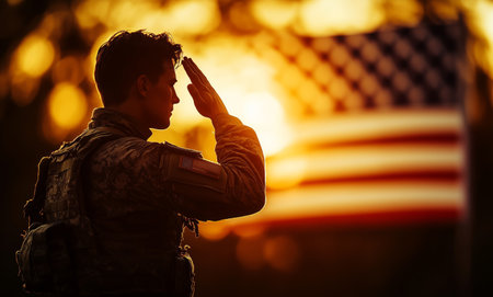 A soldier stands in salute, silhouetted against a vibrant sunset. The American flag waves proudly, symbolizing honor and dedication during a solemn military ceremony.の素材