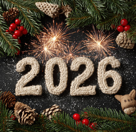 Festive decorations for New Year 2026 feature knitted numbers surrounded by pine branches, pine cones, berries, and sparks of fireworks lighting up the scene in a joyful celebration.の素材