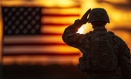 A soldier stands in salute, silhouetted against a vibrant sunset. The American flag waves proudly, symbolizing honor and dedication during a solemn military ceremony.の素材