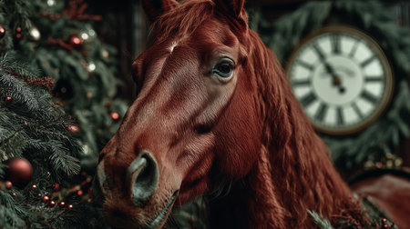 A majestic red horse gazes calmly while surrounded by a beautifully decorated Christmas tree and an old clock, creating a festive atmosphere and sense of tranquility.の素材