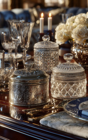Detailed table display features sparkling glassware, intricate decorative containers, and soft candlelight, creating a warm atmosphere for a special dining experience.の素材