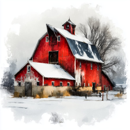 A striking red barn stands majestically in a snowy landscape, highlighting the tranquility of winter. Snow blankets the ground, creating a serene countryside scene.の素材