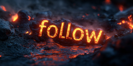 In a dramatic volcanic scene, glowing rocks form the word follow among flowing lava and smoke, creating a striking visual that encourages movement and exploration.の素材