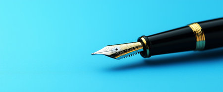 A sleek fountain pen with a shiny nib lies on a bright blue background, inviting thoughts and creativity as it waits for someone to write. The pens design enhances its timeless appeal.の素材