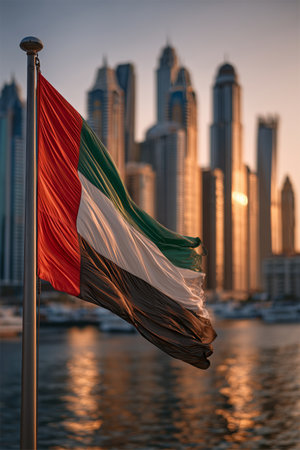 Waves of the UAE flag can be seen in the foreground while the impressive Dubai skyline sparkles in the warm glow of sunset. The scene captures a vibrant moment by the water.の素材