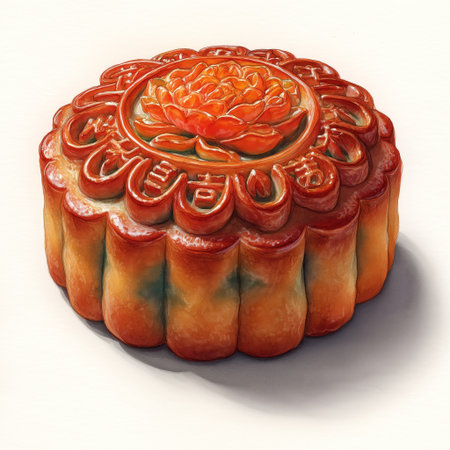 A round mooncake sits on a surface, showing its intricate design and revealing a bright filling. A small red packet accompanies it, adding a festive touch.の素材