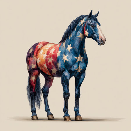A horse stands tall, its coat adorned with vibrant red, white, and blue stars. The artistic creation captures the spirit of patriotism in a striking and unique way.の素材