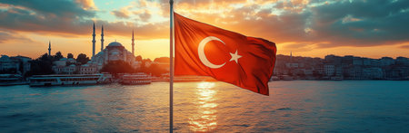 Golden sunset casts a warm glow over Istanbul as the Turkish flag waves prominently near a majestic mosque. The skyline is dotted with minarets and silhouetted buildings.の素材