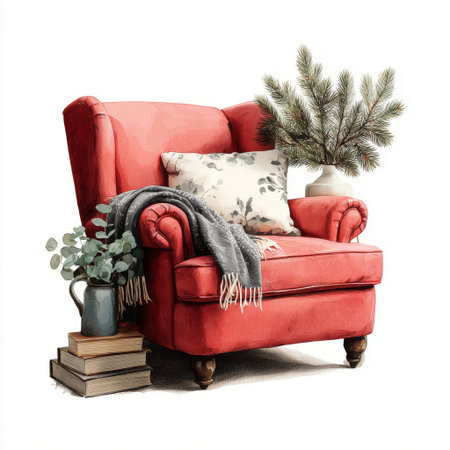 A red armchair with a decorative pillow sits near stacked books and a vase of greenery, creating a cozy and inviting atmosphere in a bright indoor space.の素材