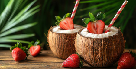 Two coconut cups filled with creamy coconut water rest on a wooden table, decorated with fresh strawberries. Lush green leaves surround the scene, creating a vibrant atmosphere.の素材