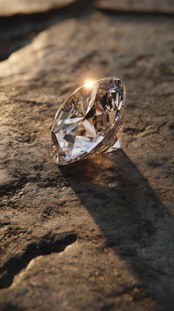 A brilliant diamond sits on a textured stone surface, catching the warm glow of the setting sun, highlighting its facets and brilliance.の素材