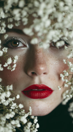 A woman appears framed by tiny white flowers, highlighting her striking green eyes and bold red lips. The soft focus enhances a gentle and romantic ambiance.の素材