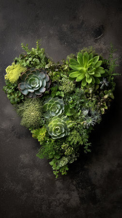 A heart shape formed by different types of succulents displays vibrant greens against a dark backdrop. This living art piece enhances any space with its natural beauty.の素材
