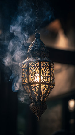 A beautiful lantern with detailed patterns illuminates a cozy space, casting warm light as smoke gracefully swirls around it, creating a mystical atmosphere in the room.の素材