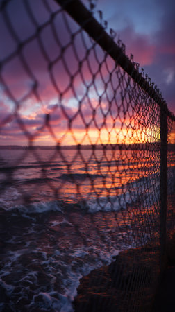 A stunning sunset paints the sky with vibrant colors as waves crash against the shore, viewed through a chain link fence along the coast.の素材
