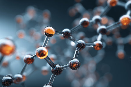 A detailed view of molecular structures featuring colorful atoms connected by bonds. The scene emphasizes the intricate design of chemical compounds in a vibrant setting.の素材