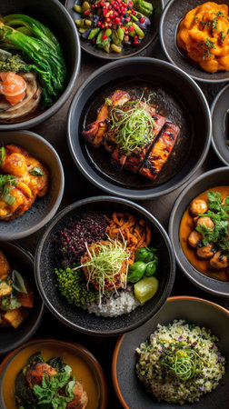 A vibrant spread of gourmet dishes is arranged in stylish black and orange bowls. Colorful vegetables, grilled proteins, and various grains highlight a modern dining experience.の素材