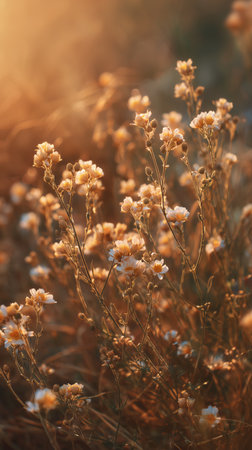 Soft golden light bathes a field of blooming flowers as evening settles in. Delicate petals and stems sway gently in the breeze, creating a serene atmosphere.の素材