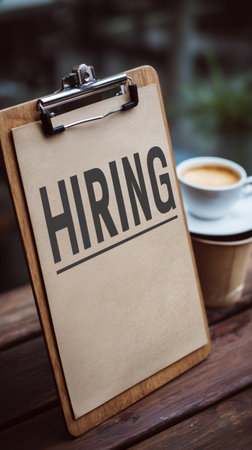 A clipboard displays a hiring notice on a rustic wooden table alongside a steaming cup of coffee in the morning light. The scene suggests an inviting atmosphere for job seekers.の素材