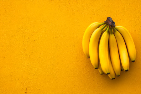 A bunch of ripe bananas hangs on a vibrant yellow wall, showing their bright color and smooth texture. The arrangement highlights the fruits natural beauty and freshness.の素材