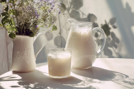 A pitcher holds fresh milk next to a glass filled with creamy drink, while a small vase showcases delicate flowers, all illuminated by gentle morning sunlight.の素材