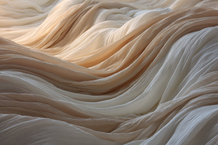 The gently flowing fabric in shades of beige and cream forms soft waves, adding texture and a tranquil feel to the setting. Ideal for home decor or design inspiration.の素材