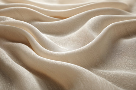 Soft, silky beige fabric flows gently over a surface, creating elegant folds and a soothing texture that enhances the serene ambiance of the setting.の素材