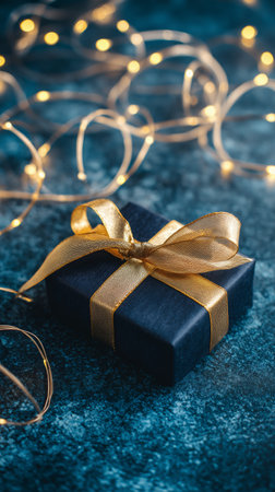A small black gift box adorned with a shiny gold ribbon rests on a textured blue surface, surrounded by warm fairy lights glowing gently, creating a festive atmosphere.の素材