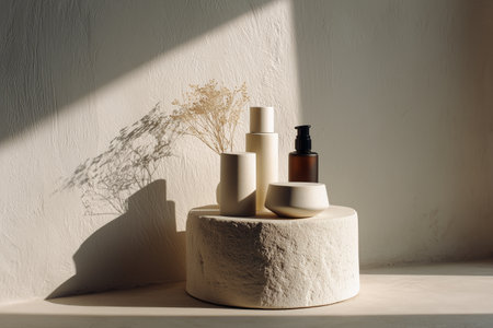 Skincare products elegantly arranged on a round stone pedestal, with soft sunlight casting shadows and highlighting the minimalist design. A small dried flower adds a touch of nature.の素材