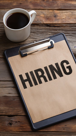 A clipboard displays a hiring notice on a rustic wooden table alongside a steaming cup of coffee in the morning light. The scene suggests an inviting atmosphere for job seekers.の素材