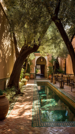 A serene courtyard features a calm pool surrounded by olive trees and traditional decor, inviting relaxation in a picturesque Moroccan landscape during daylight.の素材