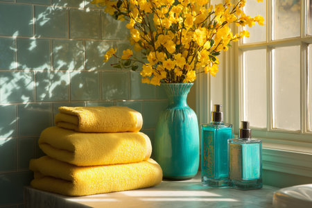 Warm yellow towels are neatly stacked beside a vibrant blue vase filled with bright flowers, illuminated by sunlight streaming through a nearby window.の素材