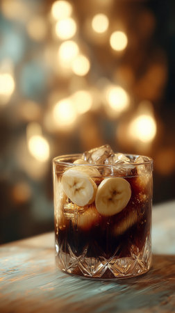 A glass filled with a fizzy drink features banana slices floating on top. The warm glow from fairy lights in the background creates a cozy atmosphere, enhancing the inviting look.の素材