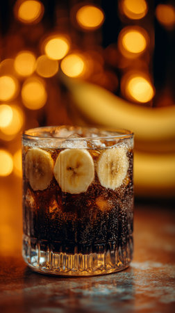 A glass filled with a fizzy drink features banana slices floating on top. The warm glow from fairy lights in the background creates a cozy atmosphere, enhancing the inviting look.の素材