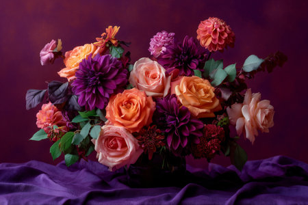 A beautiful floral arrangement featuring roses and dahlias in shades of orange, pink, and purple. The flowers sit atop a soft purple fabric, creating a vibrant display.の素材
