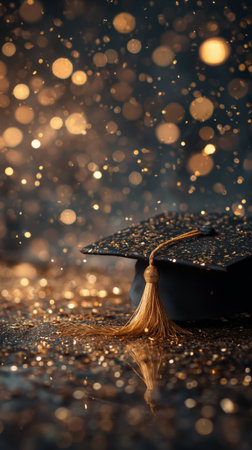 A graduation cap rests on a wet surface, illuminated by warm lights and surrounded by floating golden confetti. The scene captures the joy of a festive celebration at night.の素材