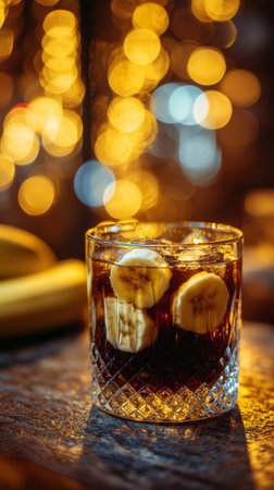 A glass cocktail filled with dark liquid and banana slices sits on a rustic table. The background features warm sparkling lights, creating a cozy evening atmosphere.の素材