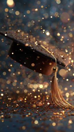 A graduation cap is suspended in mid-air, adorned with a golden tassel. Tiny golden sparkles surround the cap, creating a festive atmosphere during a celebratory event.の素材
